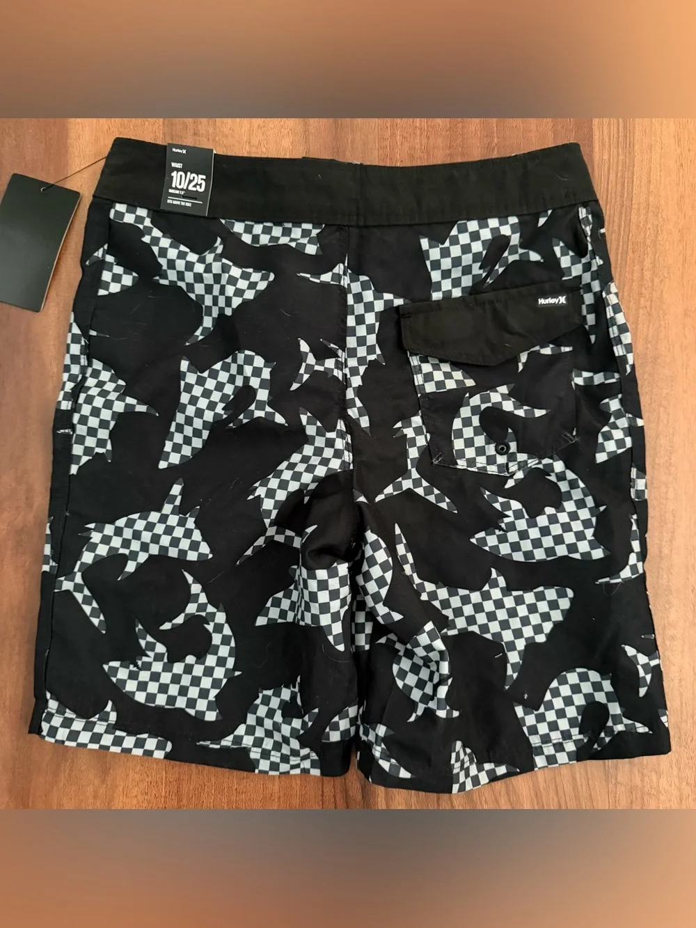 Hurley Boys Black Swim Shorts with Gray Checker Shark Pattern